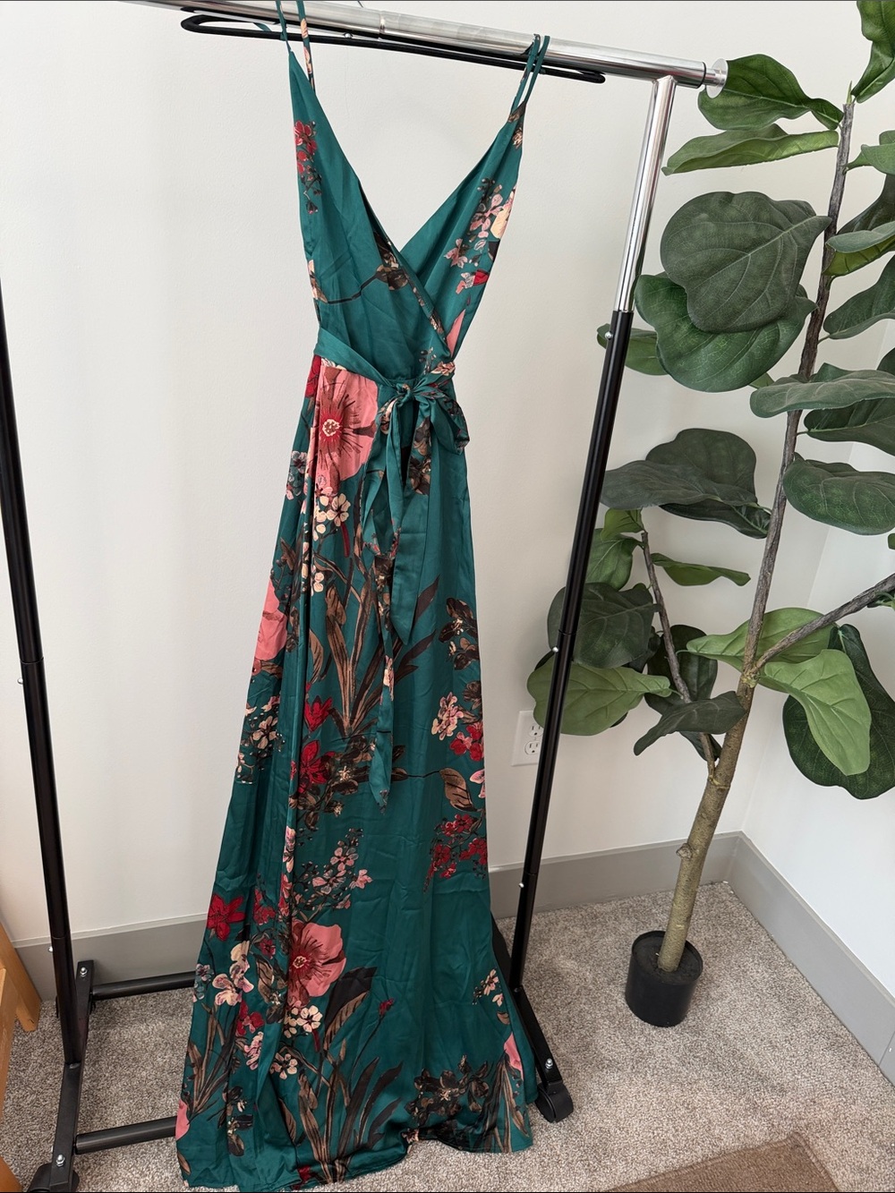 Lulu's Teal Floral Satin Wrap Maxi Dress with Waist Tie